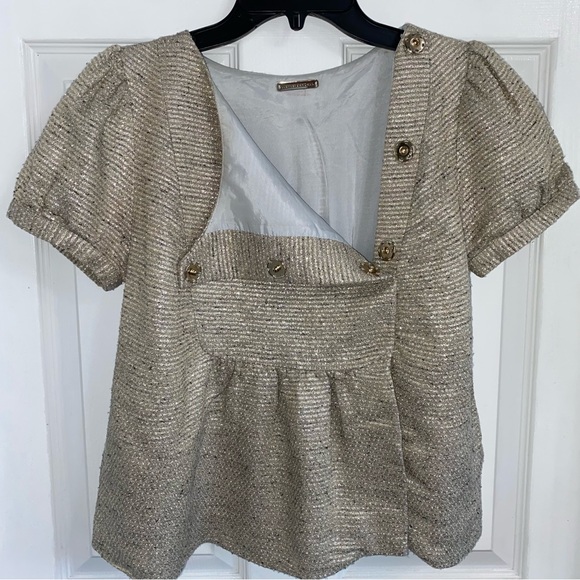 LOEFFLER RANDALL Tan Silver Metallic Puff Short Sleeve Snap Blouse - Picture 7 of 13